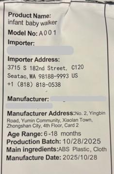 “Model No: A001” and “Infant baby walker” are printed on a label on the seat’s underside.