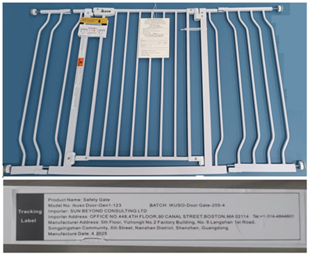 Recalled Ikuso Safety Gate and Tracking Label - model Door-Gen1-123