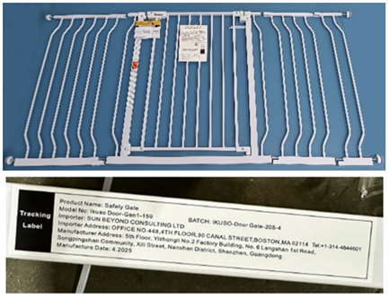 Recalled Ikuso Safety Gate and Tracking Label - model Door-Gen1-159