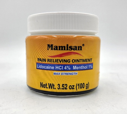 Recalled Mamisan Lidocaine Ointment jar non-child resistant packaging (continuous thread lid)