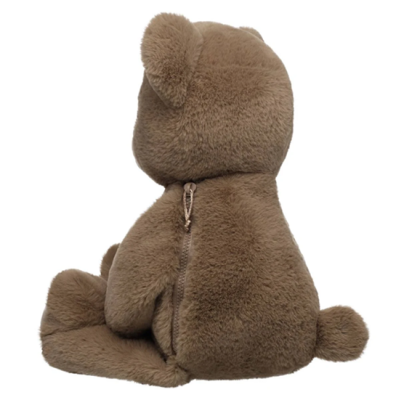 Side view of the pouch on the recalled Heartwarming Hugs Bear (zipper is located on the side)