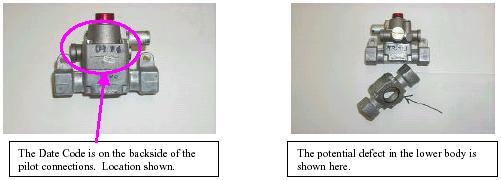 Graphic identifying date code on recalled valve and potential defect in lower body