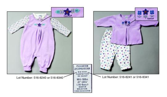 Picture of recalled OshKosh B'Gosh newborn girls' garments