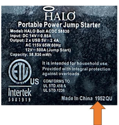 Product Label: The Year of Manufacturing is indicated by the first two digits immediately following the Country of Origin