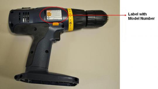 Recalled Ryobi Model HP 1802M Cordless Power Drill label with model number