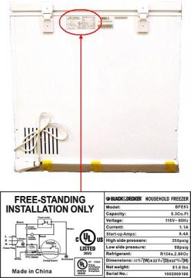 Rating label is located at the top center of the back of the recalled Black & Decker freezer