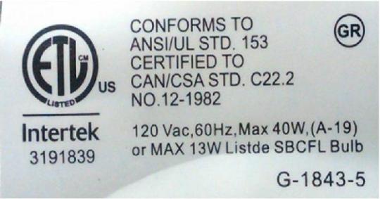 Label on underside of base of recalled lamps