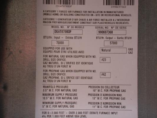 Recalled gas furnace label
