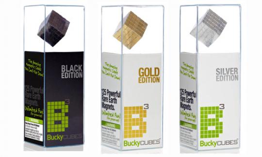 Buckycubes magnet sets in black, gold and silver