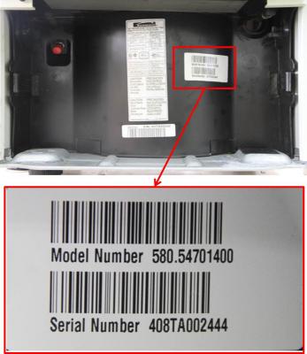 Location of model number for model numbers 580.54701400, 580.54351400 and 580.54701500