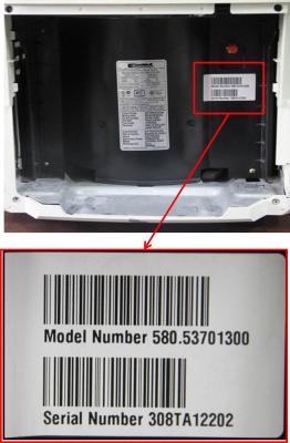 Location of model number for model numbers 580.53701300 and 580.53509300