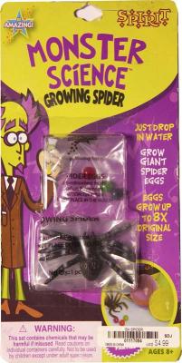 Front side of the Monster Science Growing Spider with monster “spider eggs” packaging. The eggs are water-absorbing polymer balls that can grow to eight times their original size. Products sold by Target and Cracker Barrel do not have the “Spirit” name on
