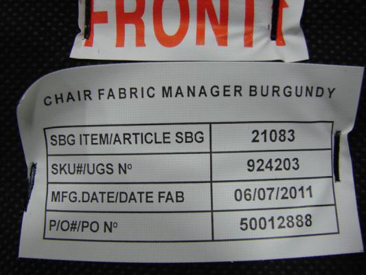 Bermond chair seat cushion tag on the bottom of the seat