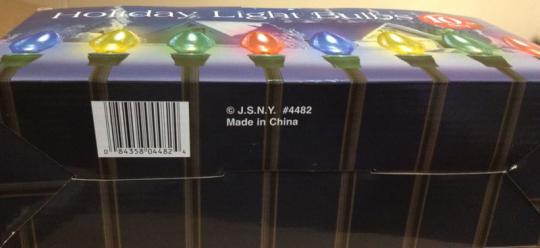 Location of model number and UPC for the Big Lots Holiday Light Bulbs 10-piece set