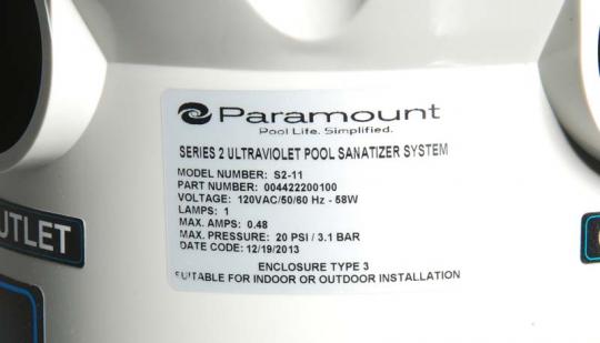 Label on Paramount Trident pool sanitation system