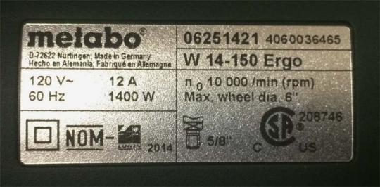 Rating plate on the Metabo Ergo series angle grinders