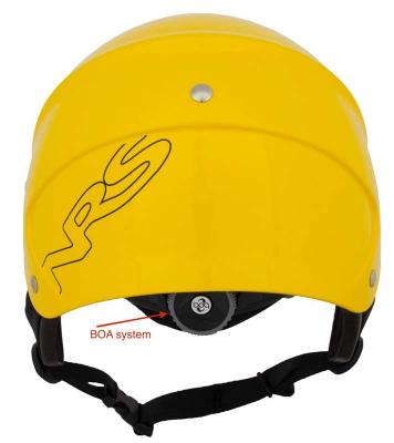 NRS helmet back view with “BOA” on the dial
