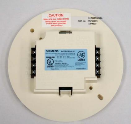 Siemens SBGA-34 Audible Base (Reverse Side)  showing Model Number, Date Code, and screw terminals for connecting to smoke detector panel.