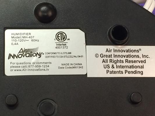 Identification Labels on Great Innovations Clean Mist Humidifier
