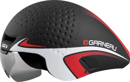 Louis Garneau P-09 aerodynamic bicycle helmet in black, red and white.