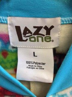 ”Lazy One”, the size and “Made in China” are printed on the garments’ neck label.