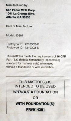 Federal label sewn onto mattress and foundation
