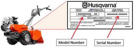 Label on tiller with brand name, model number and serial number
