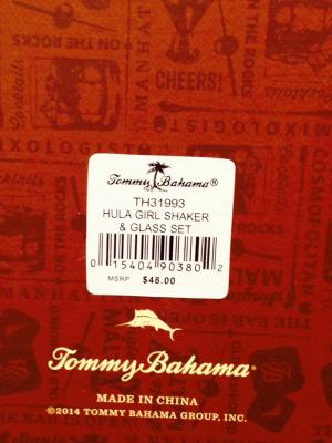 Tommy Bahama  Shaker Set Product  Label on the Bottom of Product Packaging