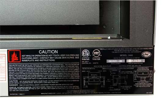 Label on HomComfort 2400 24K BTU Pellet Heater/Stove