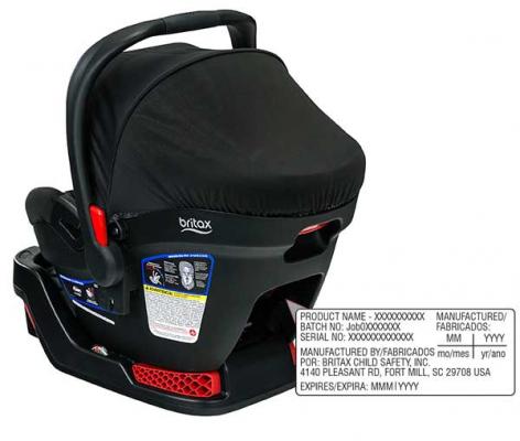 Location of model number on Britax B-Safe 35 and B-Safe 35 Elite Car Seat/Carriers