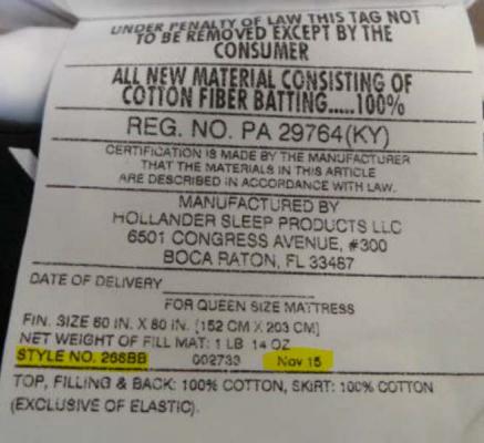 Hollander Sleep Products, style number 266BB and the manufacture date are printed on a label on a side of the mattress pad.