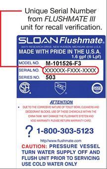 Label with date code and serial number for recalled systems