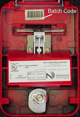 National Time & Signal fire alarm pull station batch code location
