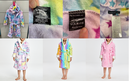 Recalled NewCosplay children’s robes, pattern examples and labels