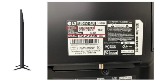 Recalled LG Electronics 86-inch Smart TV and stands showing model and serial number location