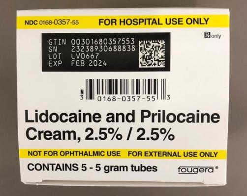 Recalled Lidocaine and Prilocaine Cream - Carton of 5 – 5 gram tubes - NDC 0168-0357-55