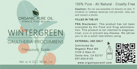 Recalled Organic Pure Oil Wintergreen Essential Oil label