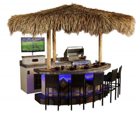 Recalled Paradise Grills Tahiti Outdoor Kitchen (shown with grill, access door, thatch roof, and optional sink, double drawers, stereo, television, and bar stools; refrigerator not shown)