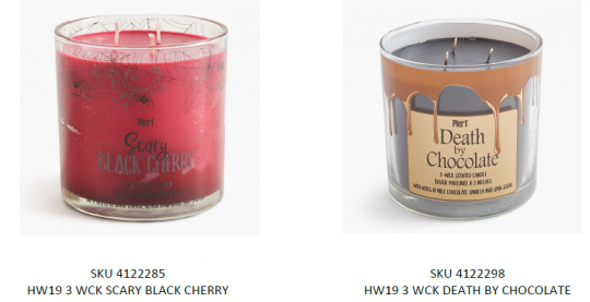 Recalled Pier 1 Imports Three-Wick candles with respective SKU numbers