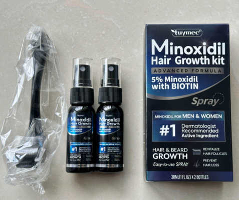 Recalled Tuymec Minoxidil Hair Growth Serum Spray Bottles and Packaging