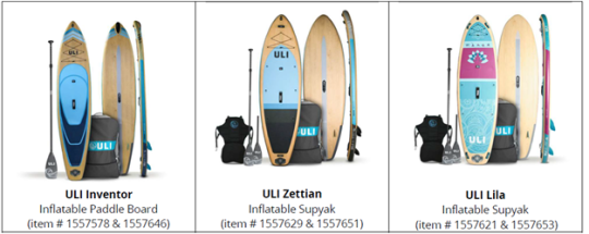 Recalled ULI Inventor, Zettian and Lila Inflatable Paddle Board and Supyak Boards 