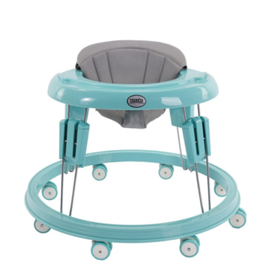 Recalled Zeno infant walker with teal frame, gray seat and teal tray
