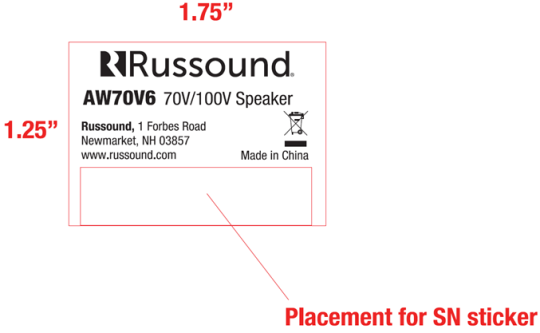 Sticker on back of recalled Russound AW70V6 Loudspeaker