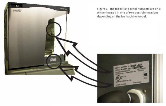 Fig. 1: The model and serial numbers are on a sticker located in one of two possible locations, depending on the ice machine model