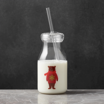 Crate and Barrel Holiday Bear Acrylic Milk Bottle with Milk