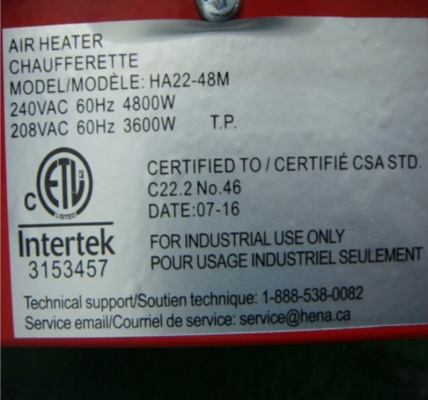 Label on back of recalled electric heater