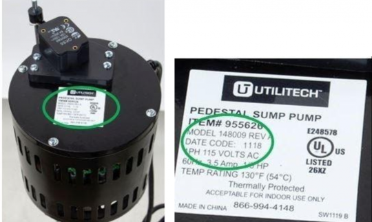 Recalled Utilitech sump pump and manufacture label