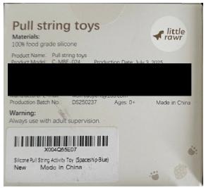 Recalled Little Rawr Silicone Pull String Teething Toys- Back of packaging
