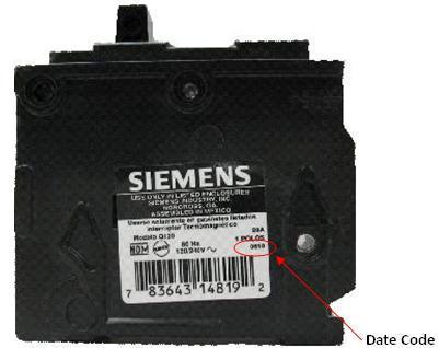 Recalled Circuit Breaker (side view) showing location of date code