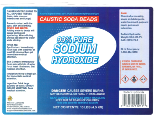 Recalled Midwest Lubricants 99% Pure Sodium Hydroxide Caustic Soda Beads label